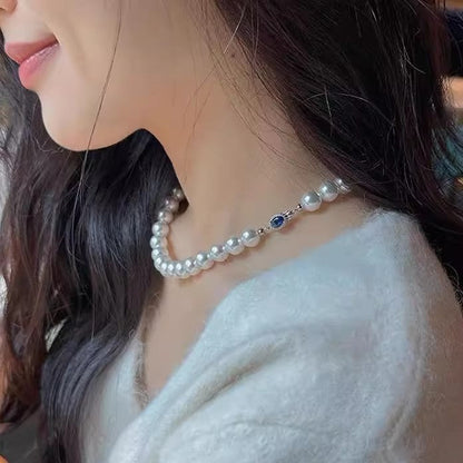 Natural Pearl Mother-of-Pearl Necklace with Silver-Blue Gem Clasp