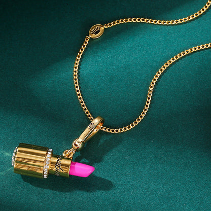 Enamel Diamond-Embedded Barbie Pink Lipstick Pendant Necklace