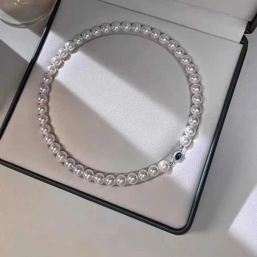 Natural Pearl Mother-of-Pearl Necklace with Silver-Blue Gem Clasp