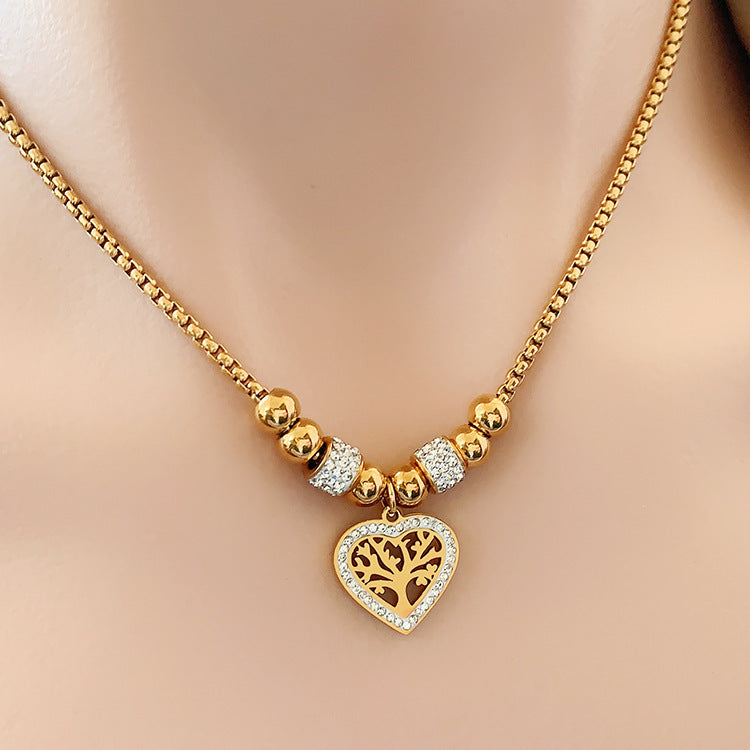 Titanium Steel Core Tree of Life Enamel Diamond Pendant Necklace