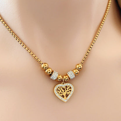 Titanium Steel Core Tree of Life Enamel Diamond Pendant Necklace