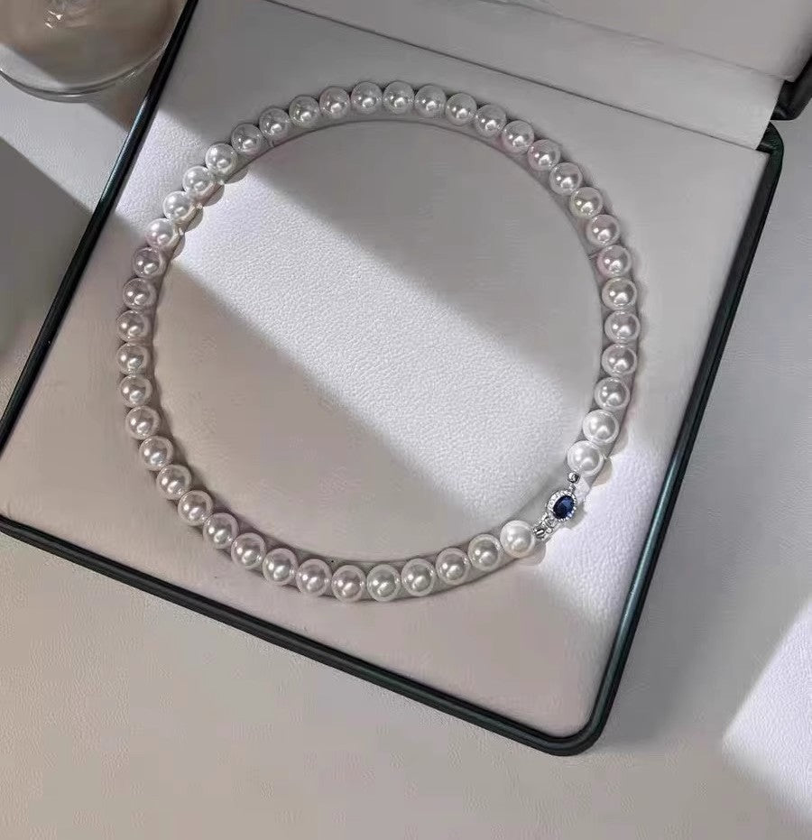 Natural Pearl Mother-of-Pearl Necklace with Silver-Blue Gem Clasp