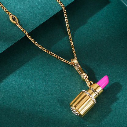 Enamel Diamond-Embedded Barbie Pink Lipstick Pendant Necklace