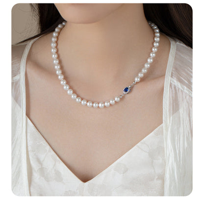 Natural Pearl Mother-of-Pearl Necklace with Silver-Blue Gem Clasp
