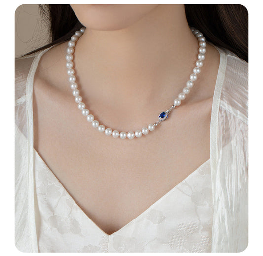 Natural Pearl Mother-of-Pearl Necklace with Silver-Blue Gem Clasp