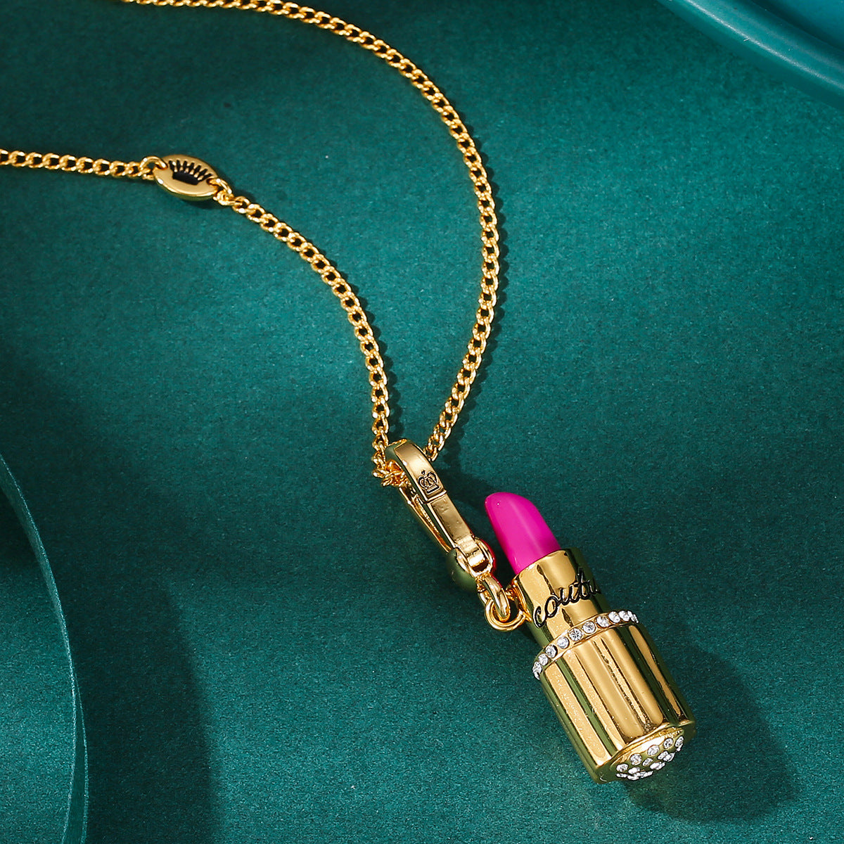 Enamel Diamond-Embedded Barbie Pink Lipstick Pendant Necklace
