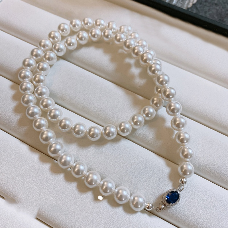 Natural Pearl Mother-of-Pearl Necklace with Silver-Blue Gem Clasp