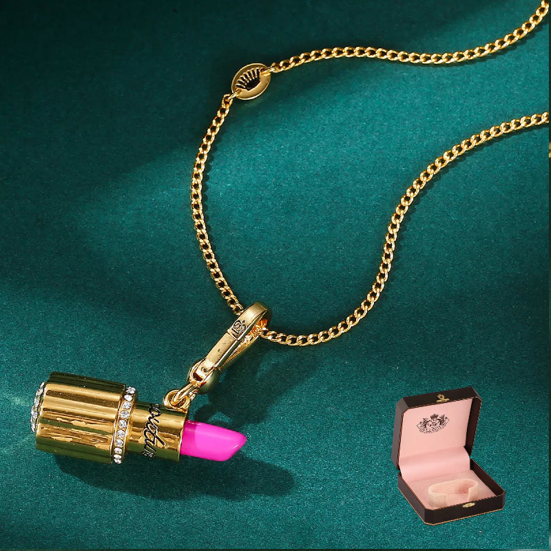 Enamel Diamond-Embedded Barbie Pink Lipstick Pendant Necklace