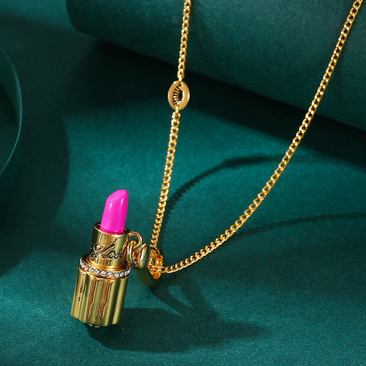 Enamel Diamond-Embedded Barbie Pink Lipstick Pendant Necklace